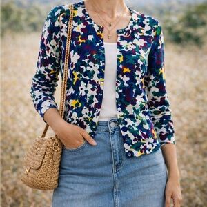 Ann Taylor Abstract Floral Cotton Cardigan Jewel Tone Button Front Size S